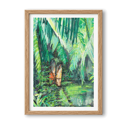 Clandestino Gem watercolour surf art print by Rebekah Steen displayed in a living room