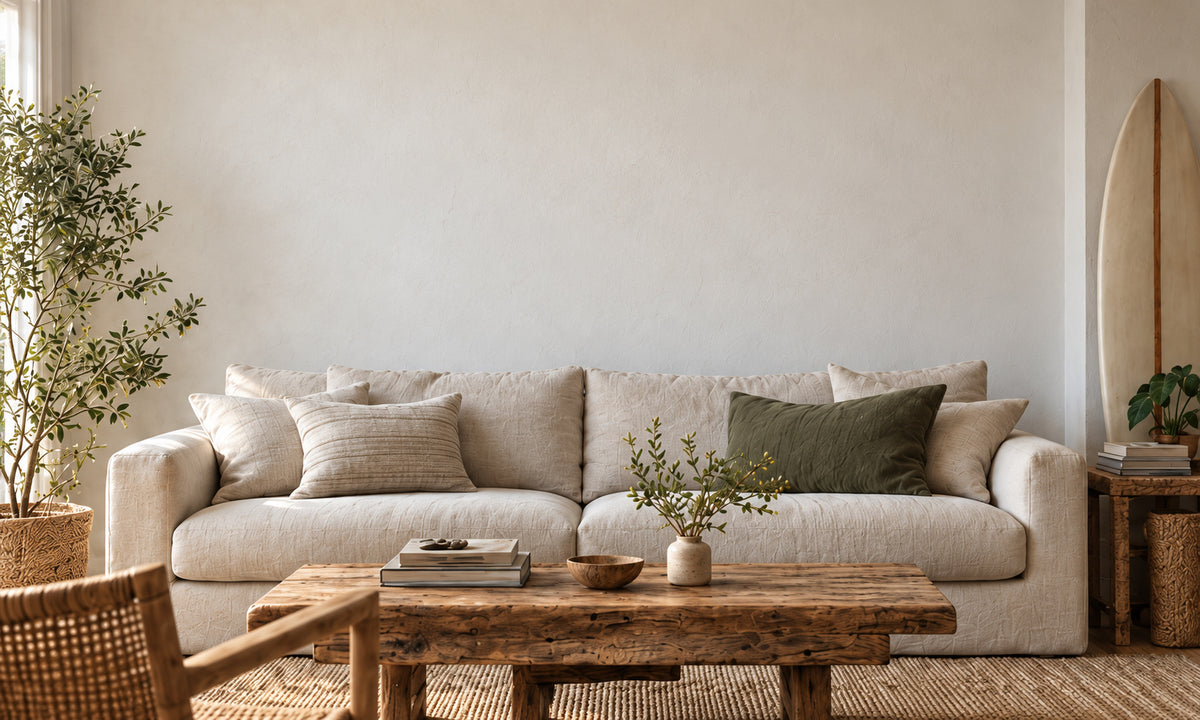 Coastal living room with a linen sofa, olive tree and surfboard beneath a blank wall
