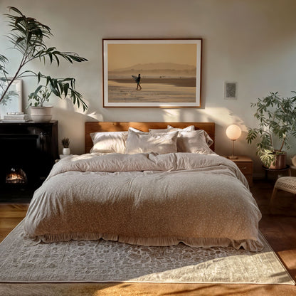 Praia da Vila, Brazil sunset surf photography print by Douglas Schneiders framed above a bed