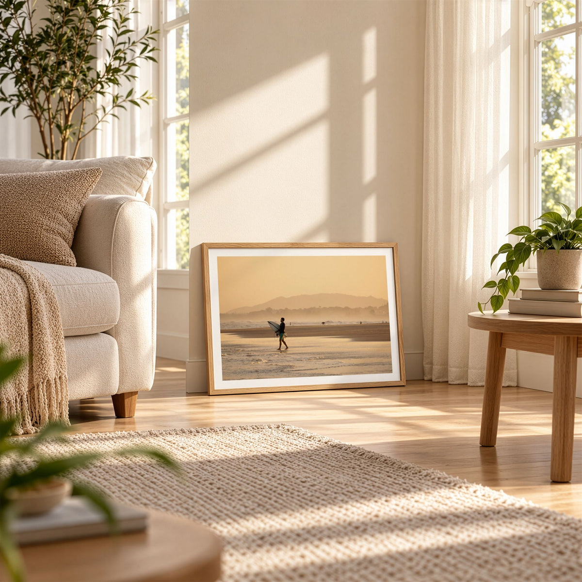 Praia da Vila, Brazil sunset surf photography print by Douglas Schneiders framed and leaning on the floor