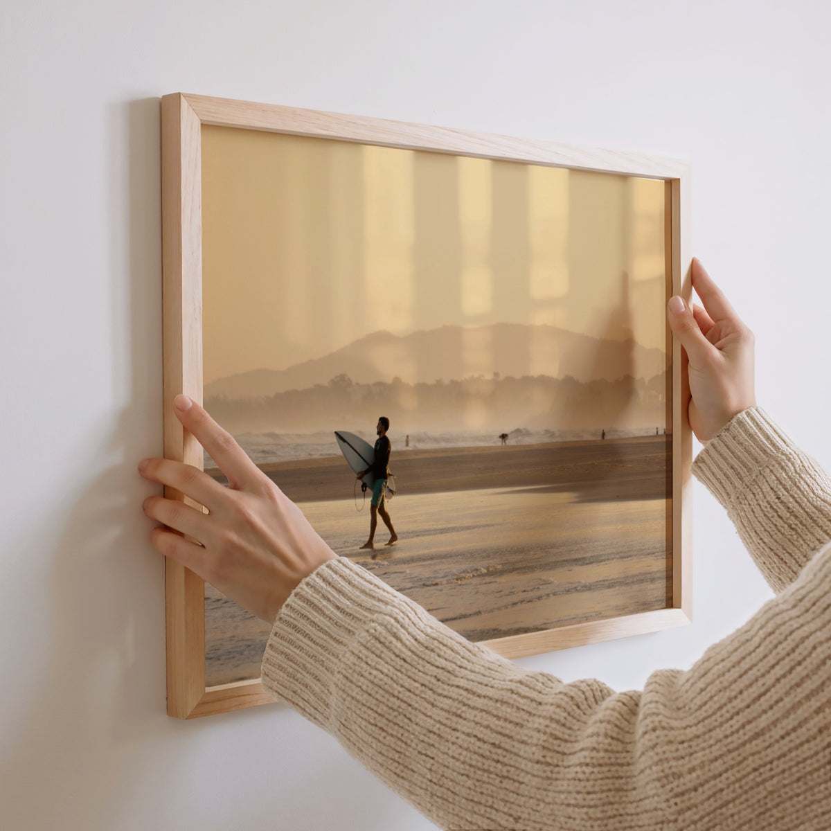 Praia da Vila, Brazil sunset surf photography print by Douglas Schneiders framed and hanging on a wall
