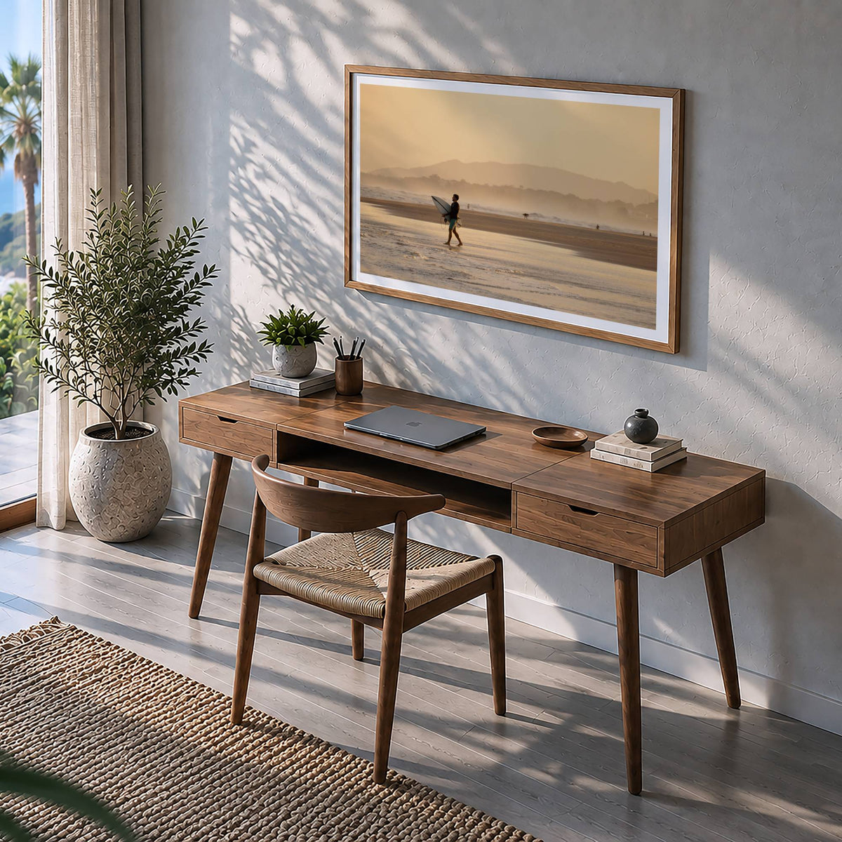 Praia da Vila, Brazil sunset surf photography print by Douglas Schneiders framed in a home office