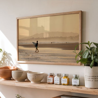 Praia da Vila, Brazil sunset surf photography print by Douglas Schneiders framed on a kitchen shelf