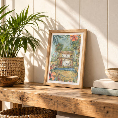 A4 Dream House surf art print by Rebekah Steen framed on a shelf