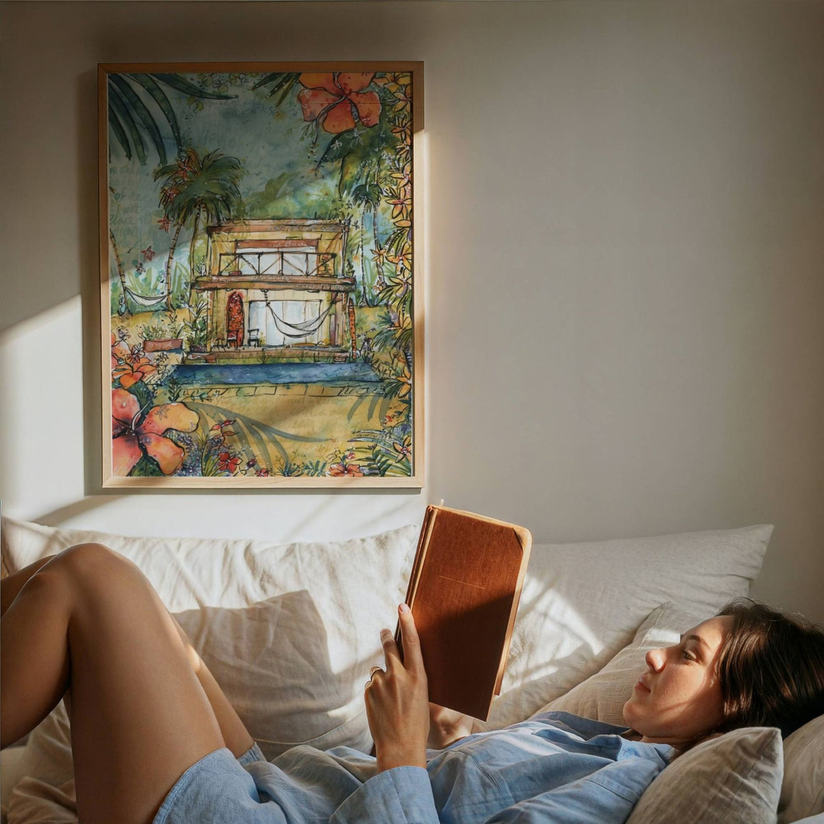 Dream House watercolour surf art print by Rebekah Steen framed in a bedroom