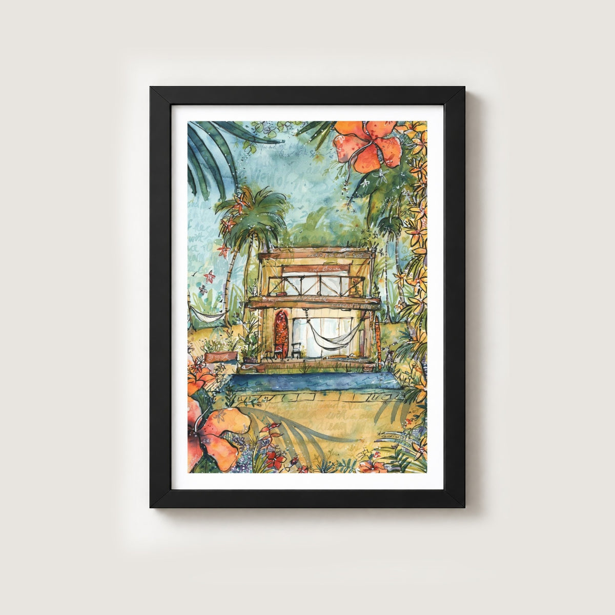 Dream House watercolour surf art print by Rebekah Steen in a black frame