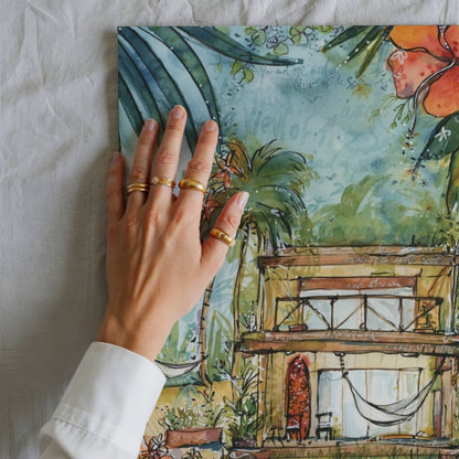 Close-up of the framed Dream House watercolour surf art print by Rebekah Steen