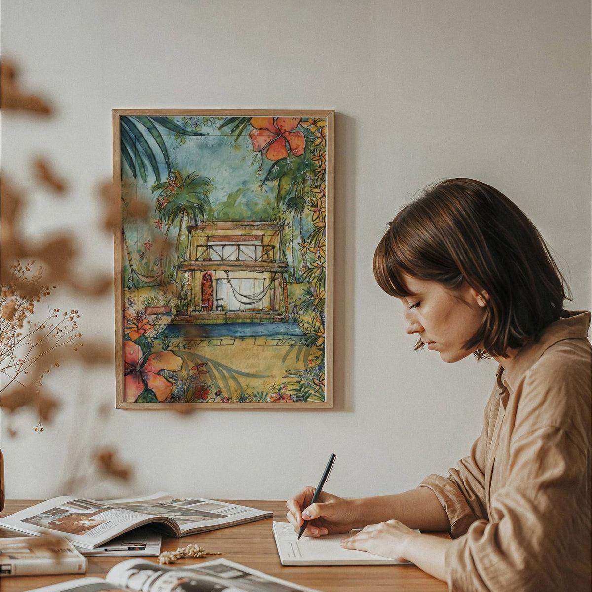 Dream House watercolour beach house artwork by Rebekah Steen