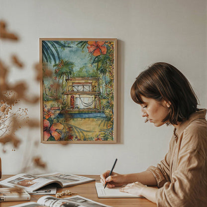 Dream House watercolour beach house artwork by Rebekah Steen
