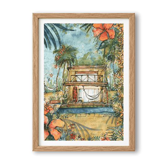 Dream House watercolour surf art print by Rebekah Steen in a wooden frame