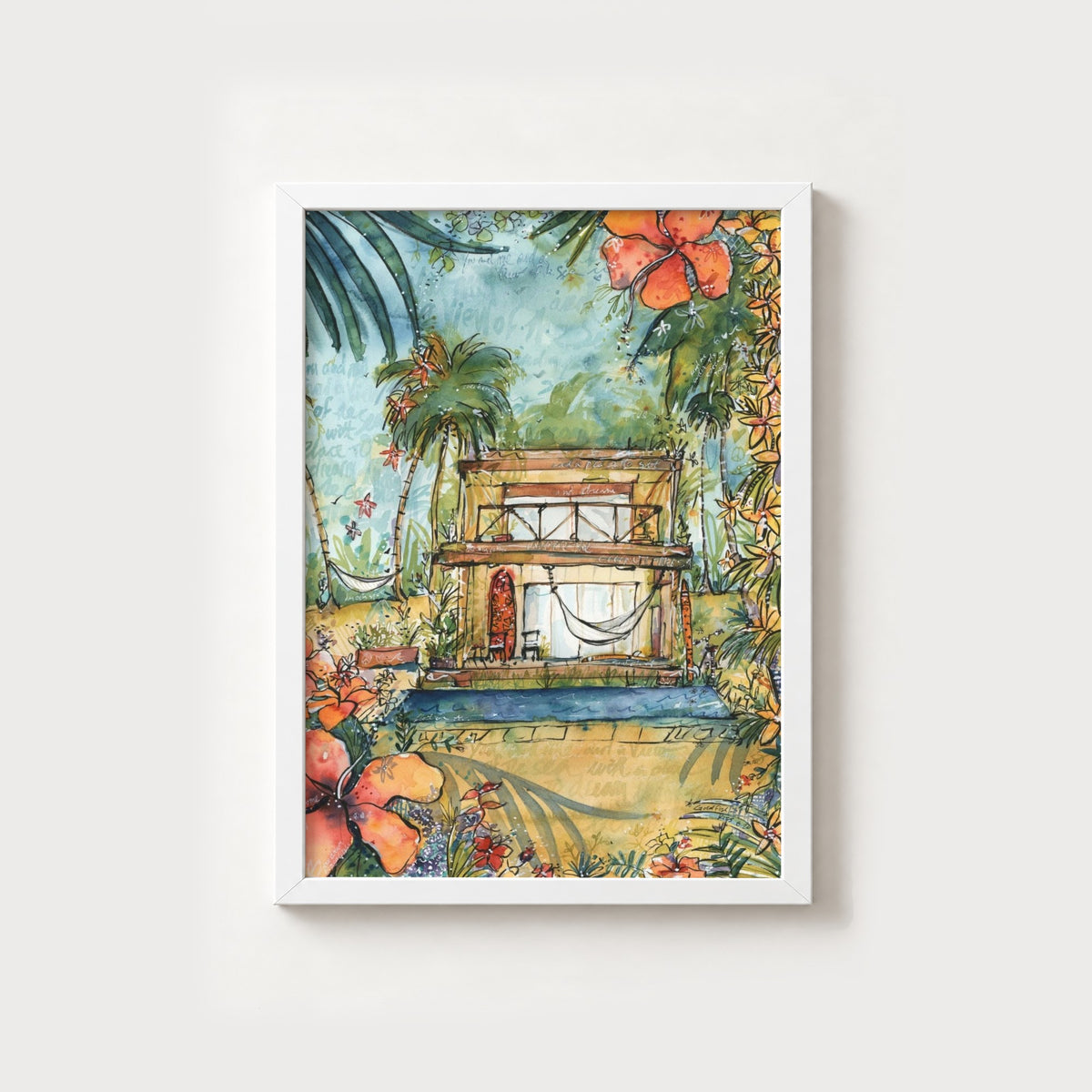 Dream House watercolour surf art print by Rebekah Steen in a white frame