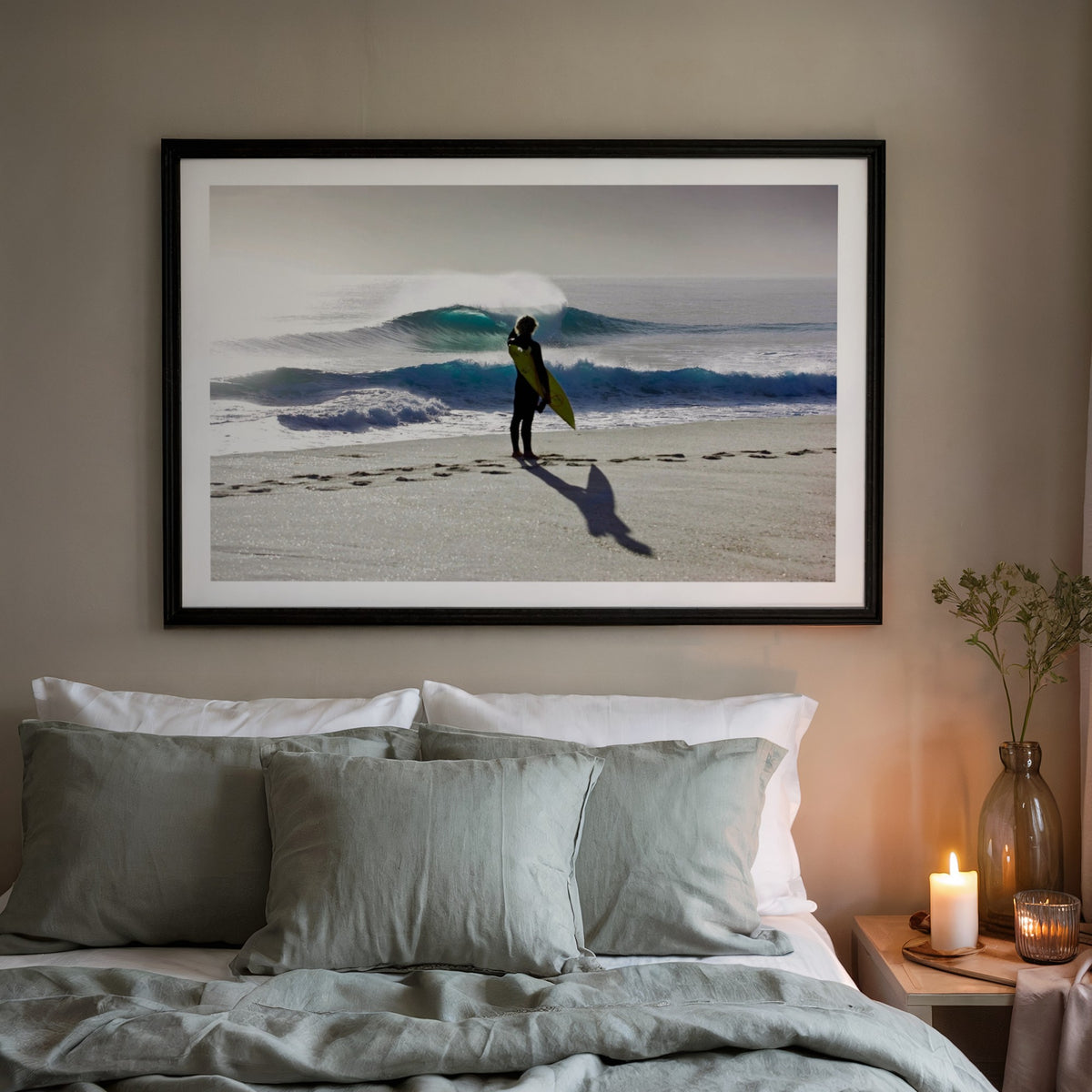 Heaven on a Stick surf photography print by Sean Davey framed above a bed