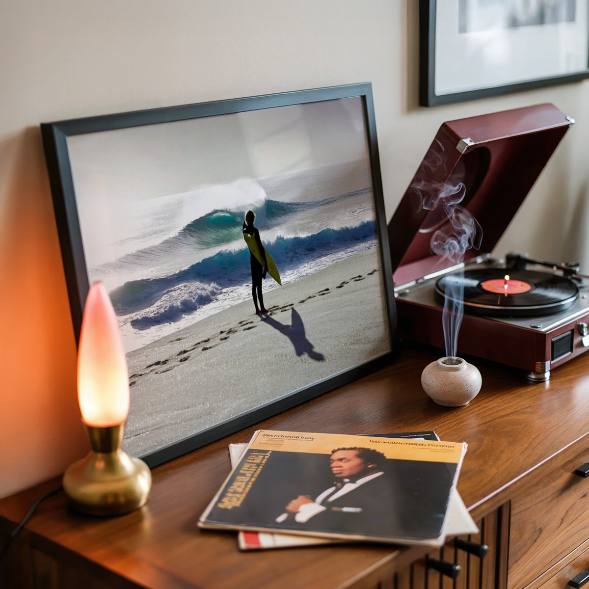 Heaven on a Stick surf photography print by Sean Davey framed in a retro-style room