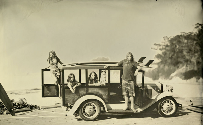 Surf family with an old car, tintype portrait by Joni Sternbach