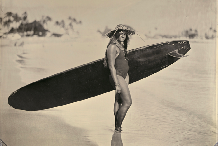 Female longboarder, tintype portrait by Joni Sternbach