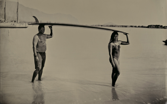 Two surfers with longboards, tintype portrait by Joni Sternbach