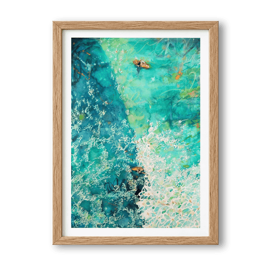 Jungle Waves watercolour surf art print by Rebekah Steen displayed in a dining room