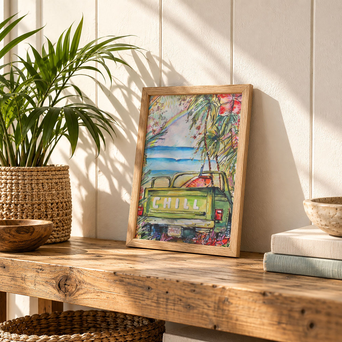 A4 License To Chill surf art print by Rebekah Steen framed on a shelf