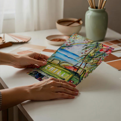 A5 License To Chill watercolour surf truck art by Rebekah Steen, unframed print