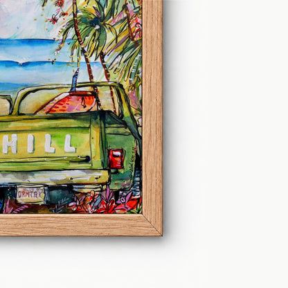 Close-up of the framed License To Chill watercolour surf art print by Rebekah Steen