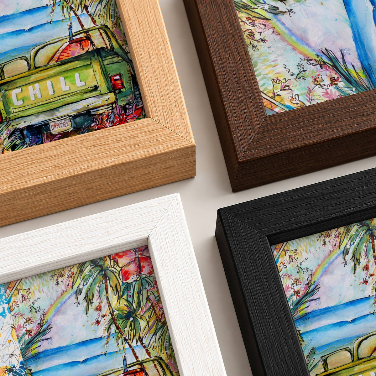 License To Chill surf art print by Rebekah Steen shown in four frame options