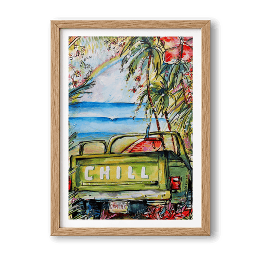 License To Chill watercolour surf art print by Rebekah Steen in a wooden frame