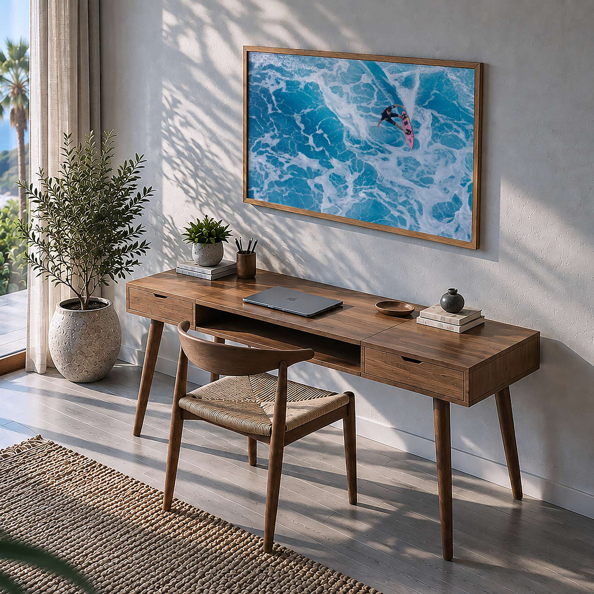 Marble Carve surf photography print by Sean Davey framed above a desk in a home office