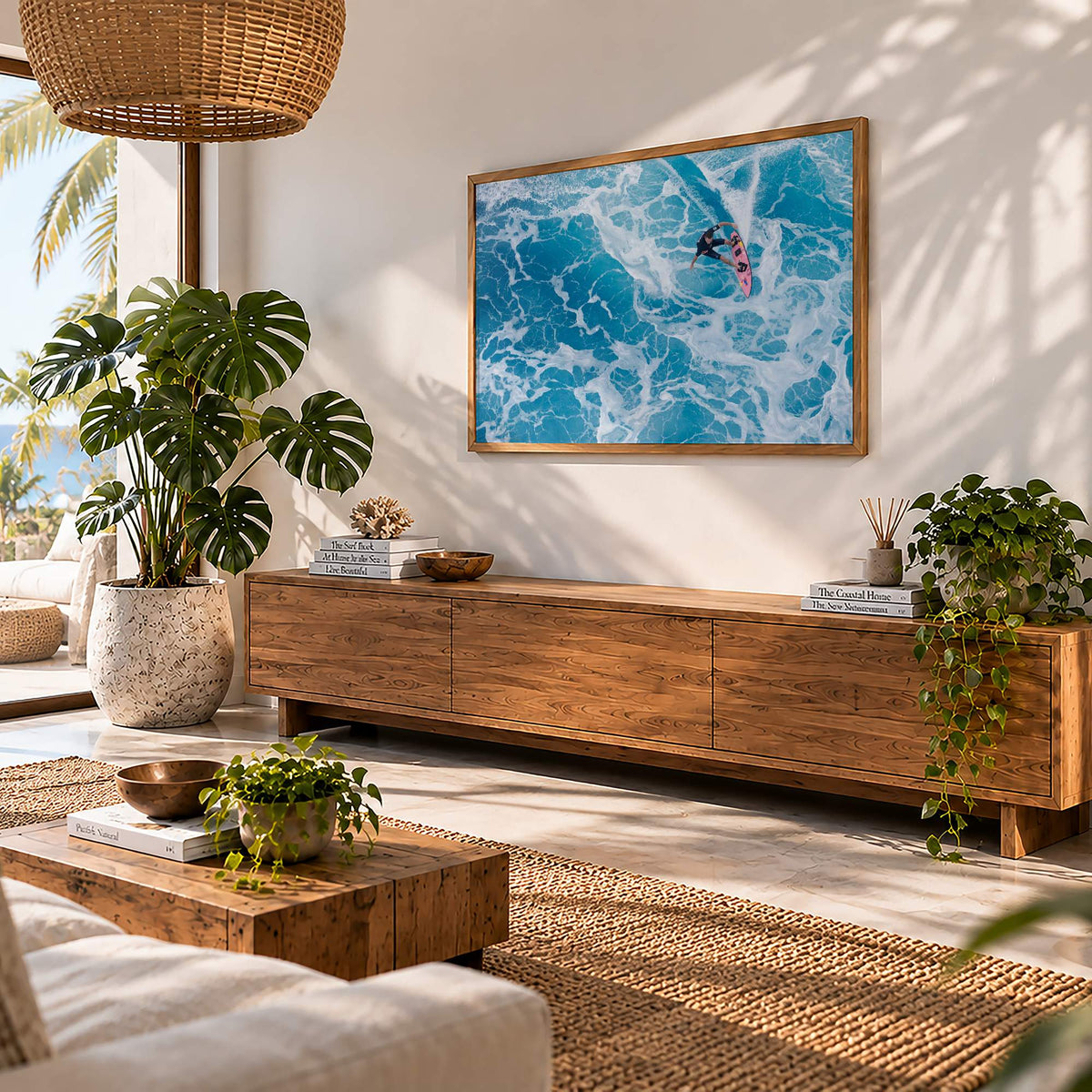Marble Carve surf photography print by Sean Davey framed above a wooden sideboard in a living room