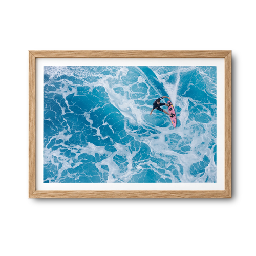 Marble Carve surf photography print by Sean Davey in a natural wood frame