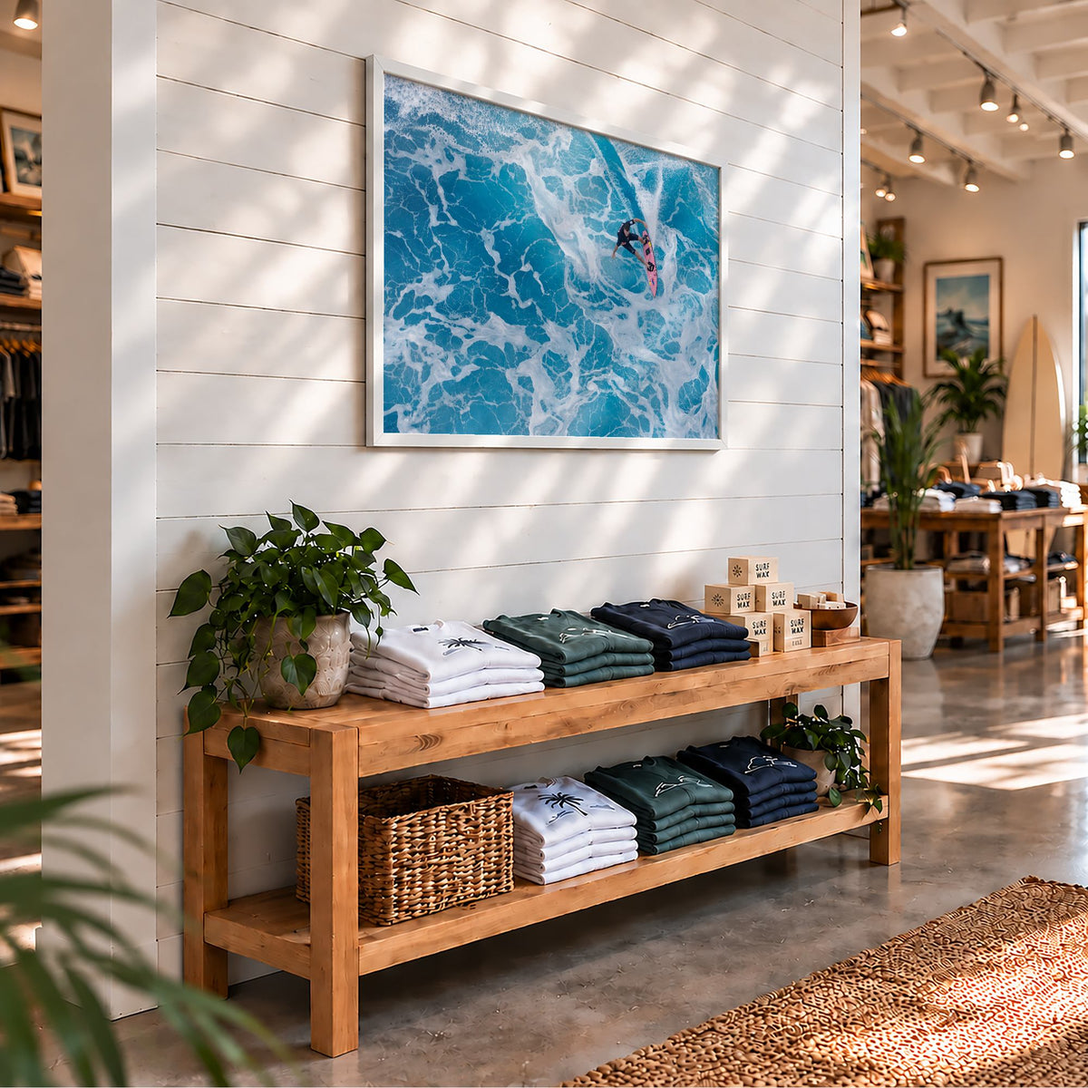 Marble Carve surf photography print by Sean Davey framed on the wall of a surf shop