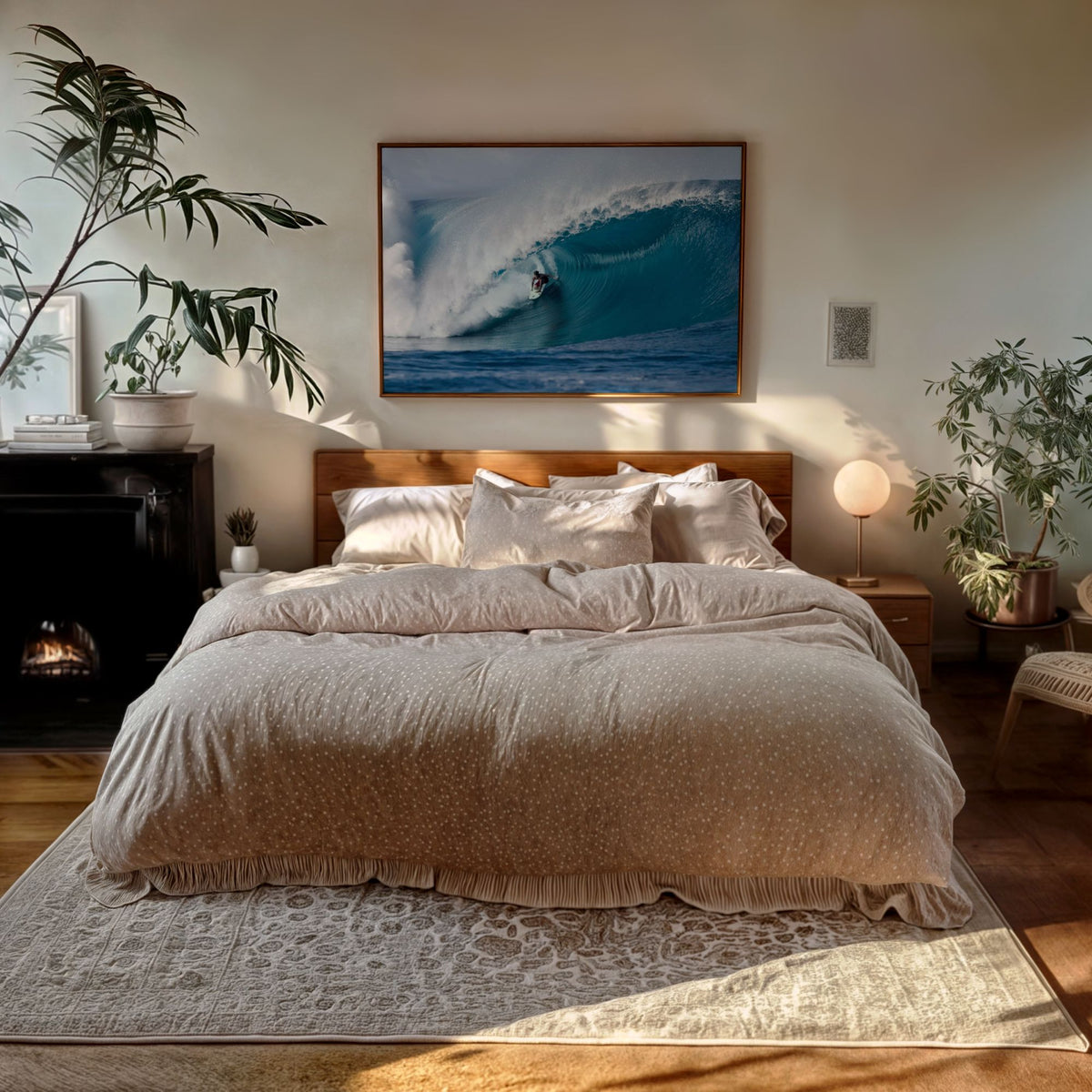 Perfection surf photography print by Sean Davey framed above a bed in a bedroom with plants
