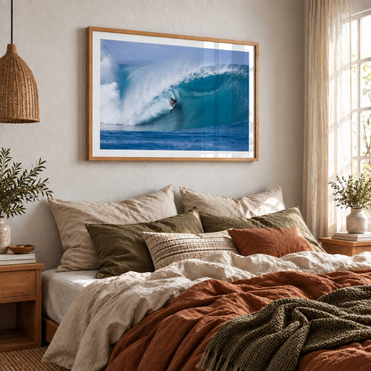 Perfection surf photography print by Sean Davey framed above a bed