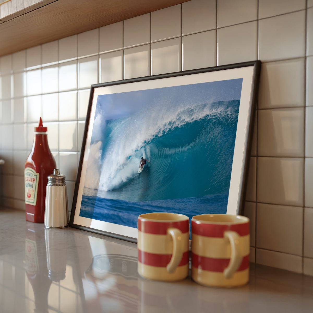 Perfection surf photography print by Sean Davey in a black frame in a kitchen