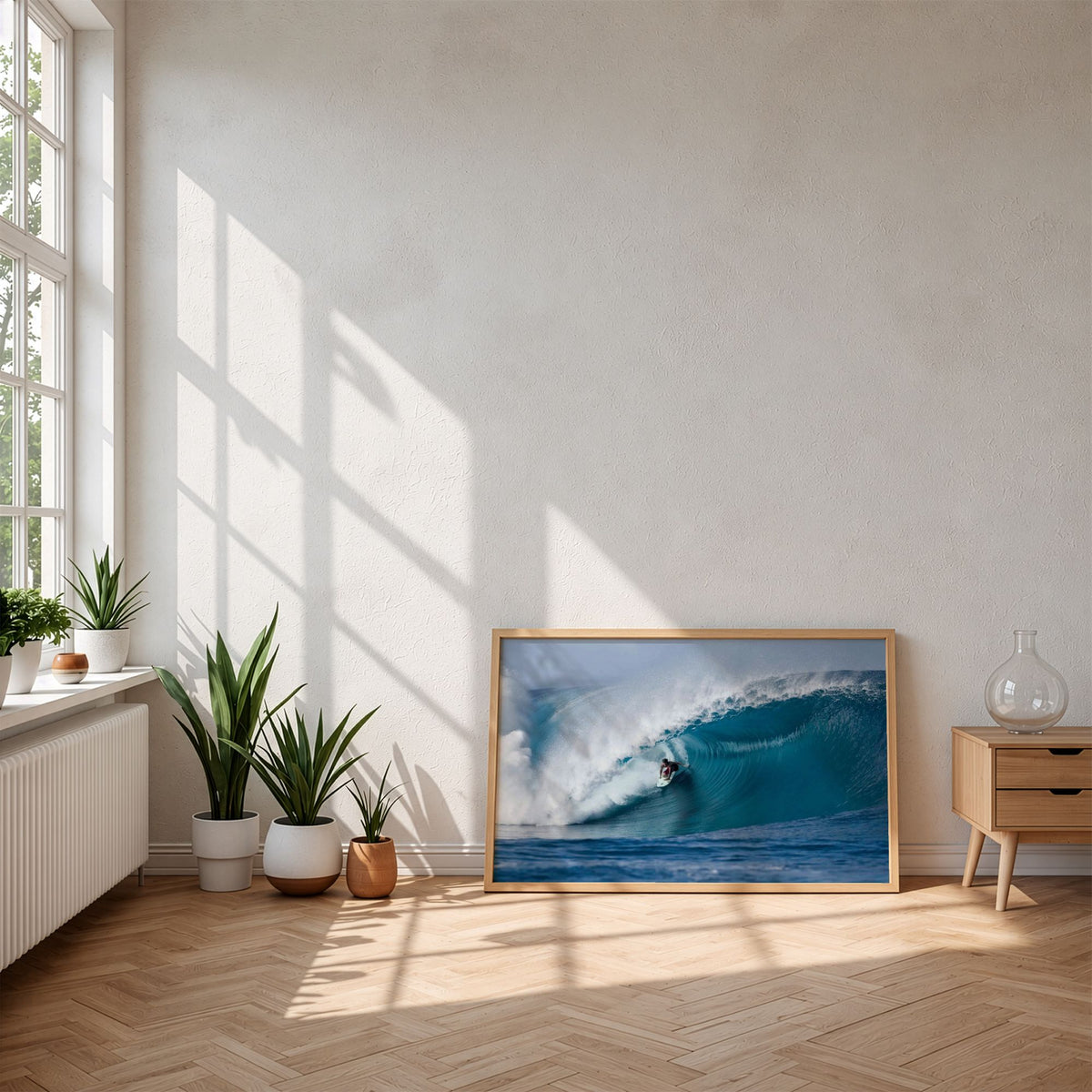 Perfection surf photography print by Sean Davey framed on the floor of a bright, sunny room
