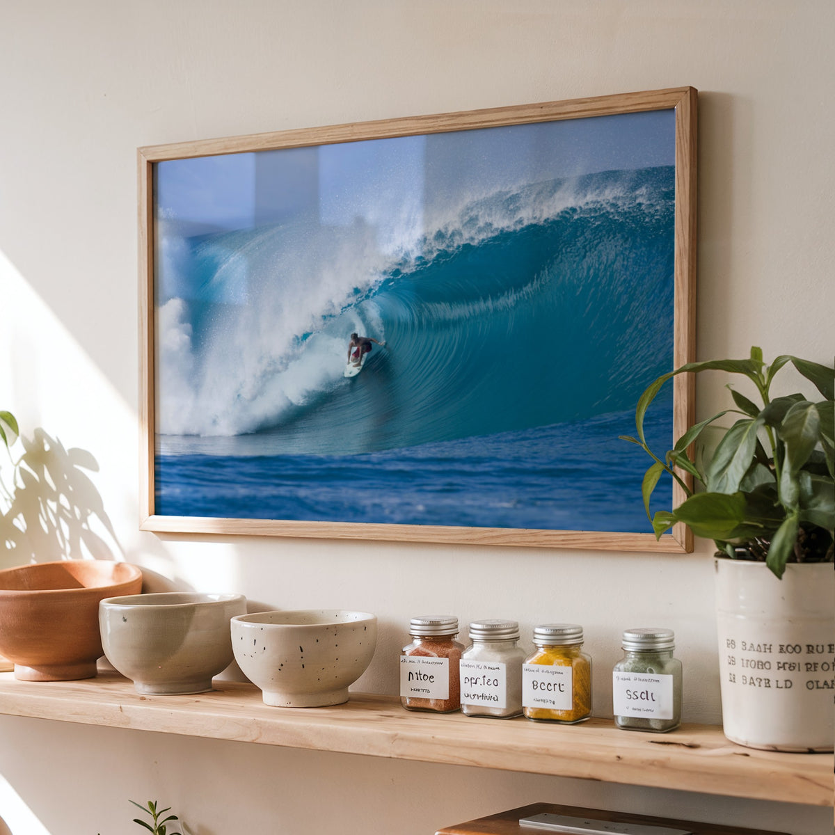 Perfection surf photography print by Sean Davey framed above a kitchen shelf