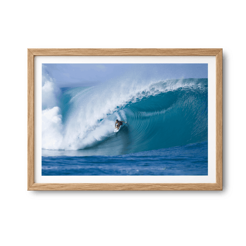 Perfection surf photography print by Sean Davey in a natural wood frame