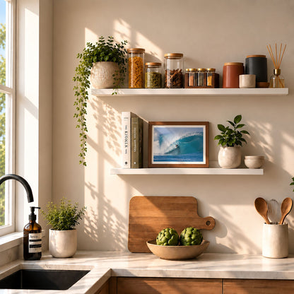 Small Perfection surf photography print by Sean Davey framed on a kitchen shelf