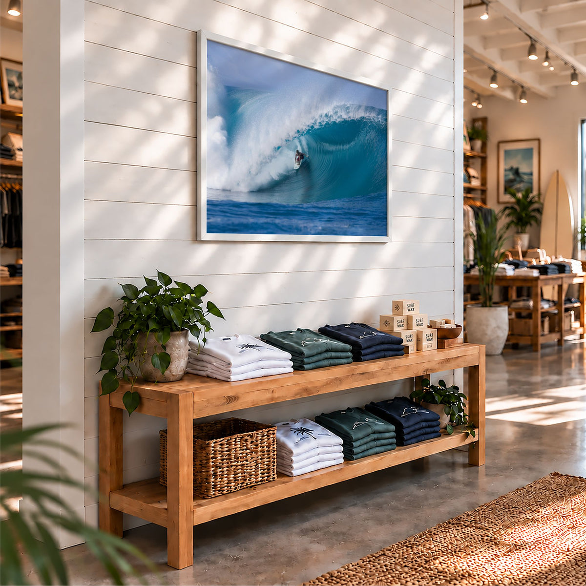 Perfection surf photography print by Sean Davey framed on the wall of a surf shop