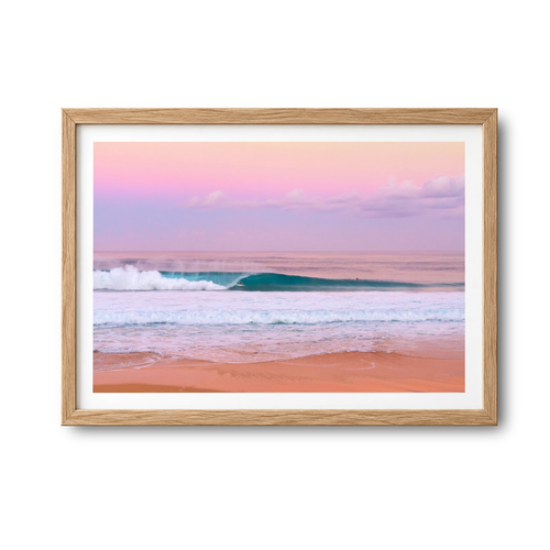 Pink Pipe surf photography print by Sean Davey in a natural wood frame