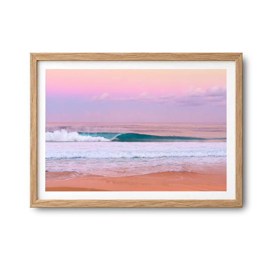 Pink Pipe surf photography print by Sean Davey in a natural wood frame