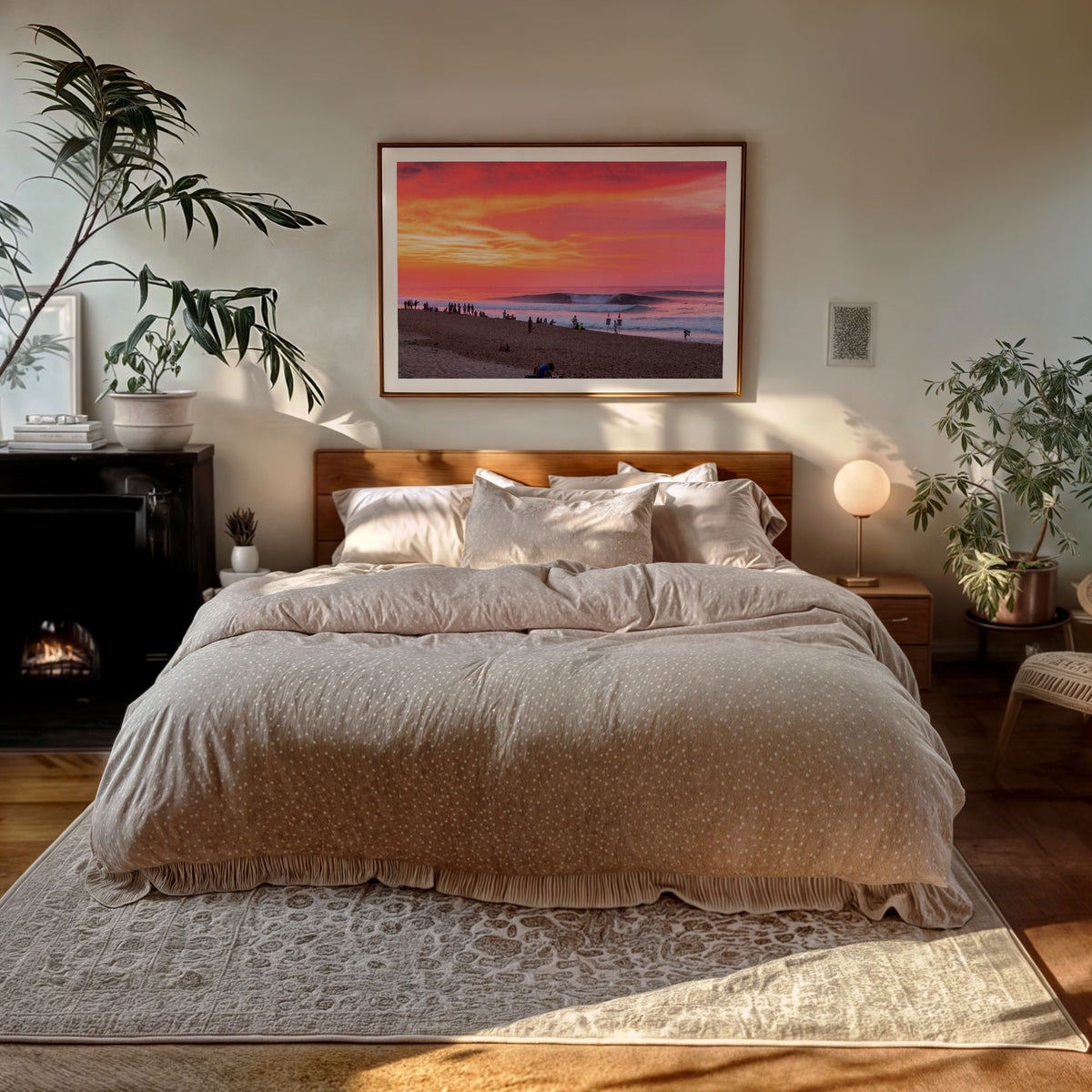 Pipeadelic surf photography print with a white border by Sean Davey framed above a bed