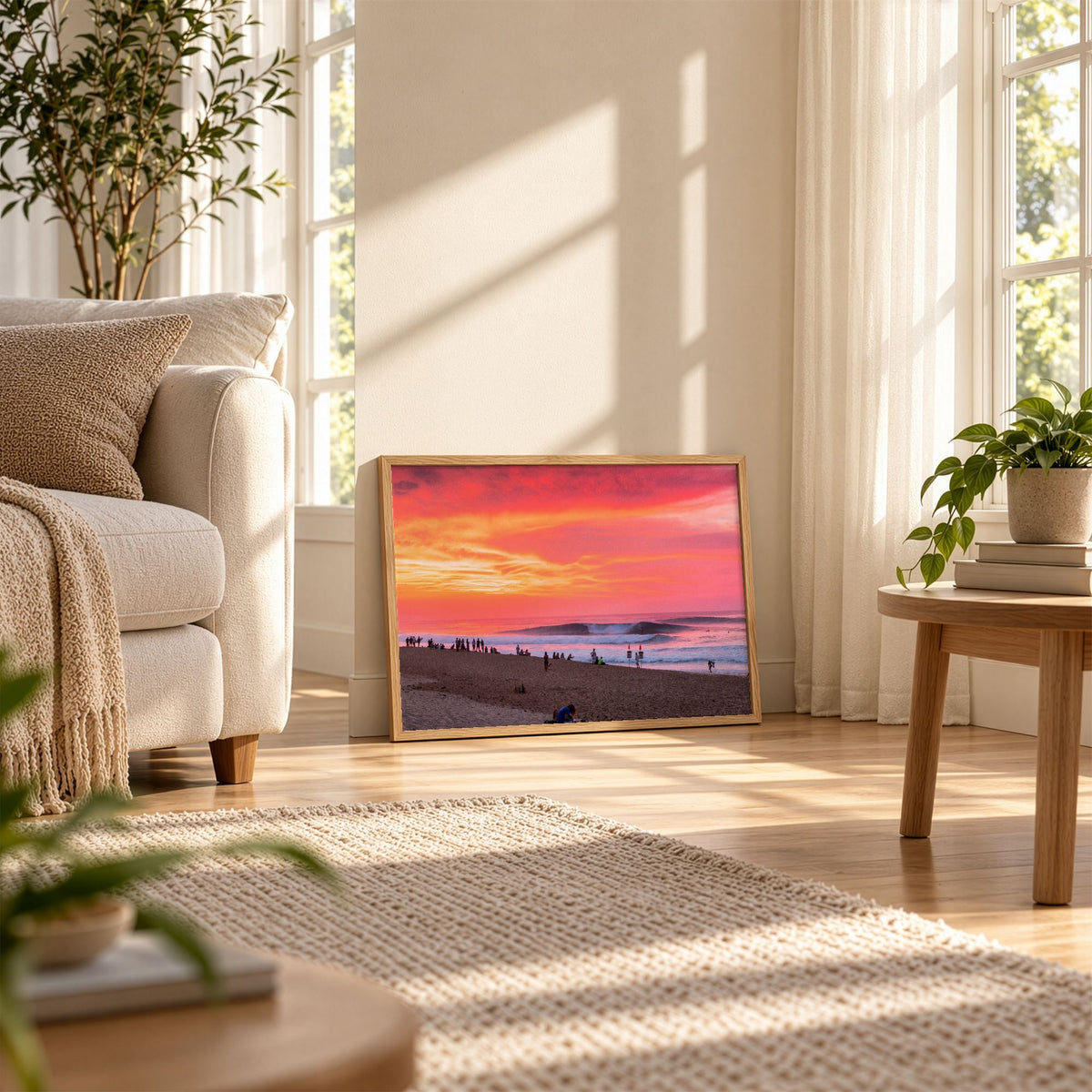 Pipeadelic surf photography print by Sean Davey framed and leaning on the floor of a sunny living room
