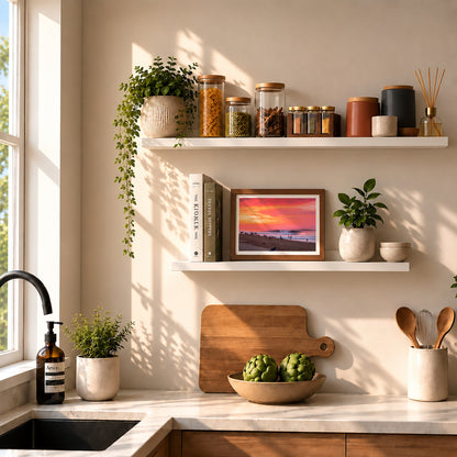 Small Pipeadelic surf photography print with a white border by Sean Davey in a small frame on a kitchen shelf