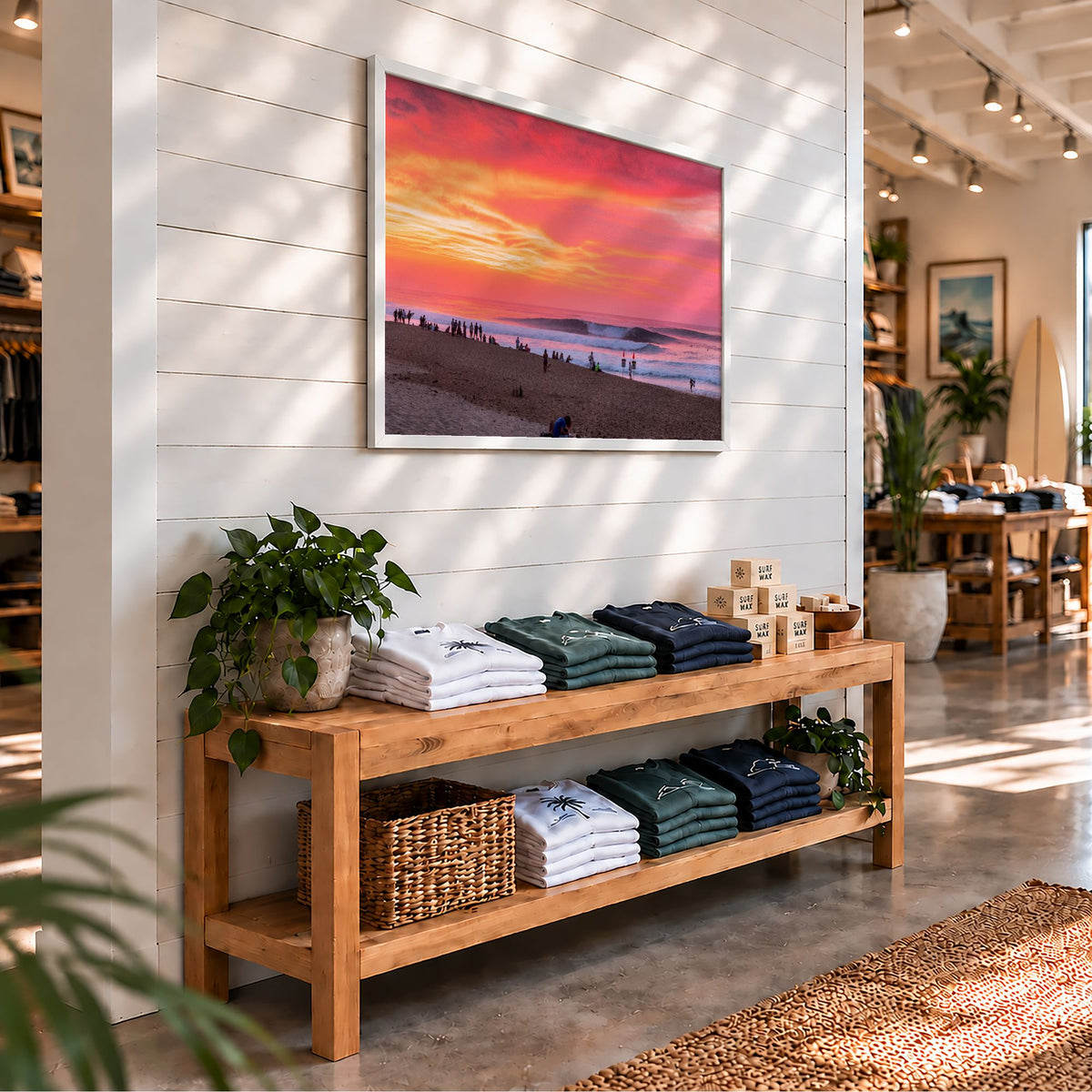 Pipeadelic surf photography print by Sean Davey framed on the wall of a surf shop