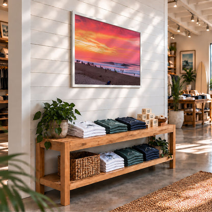 Pipeadelic surf photography print by Sean Davey framed on the wall of a surf shop
