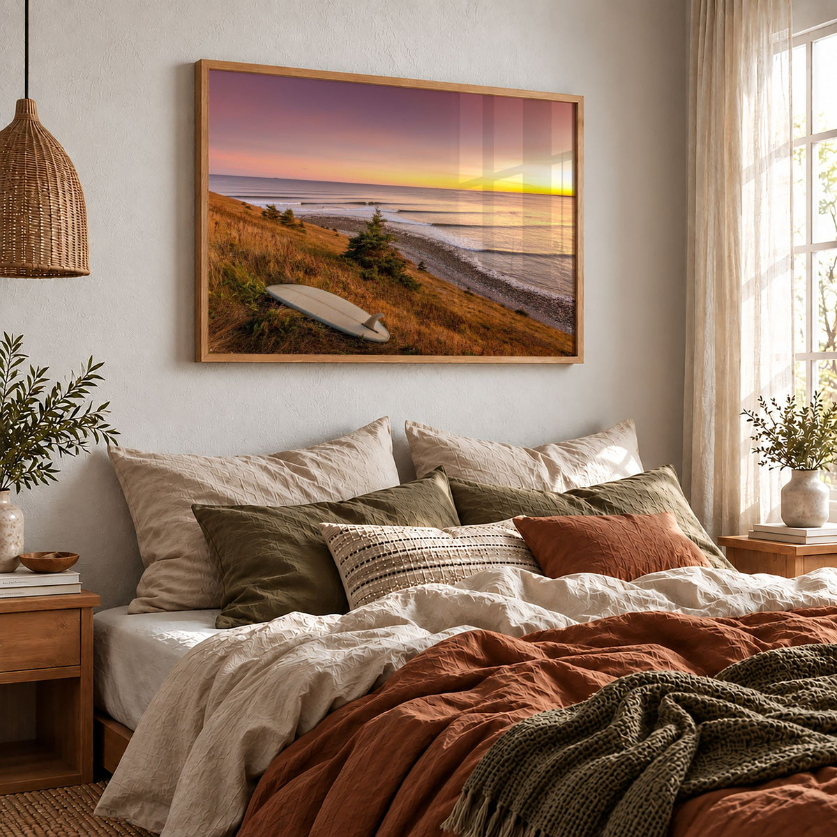 Rolling Lines surf photography print by Adam Cornick framed above a bed