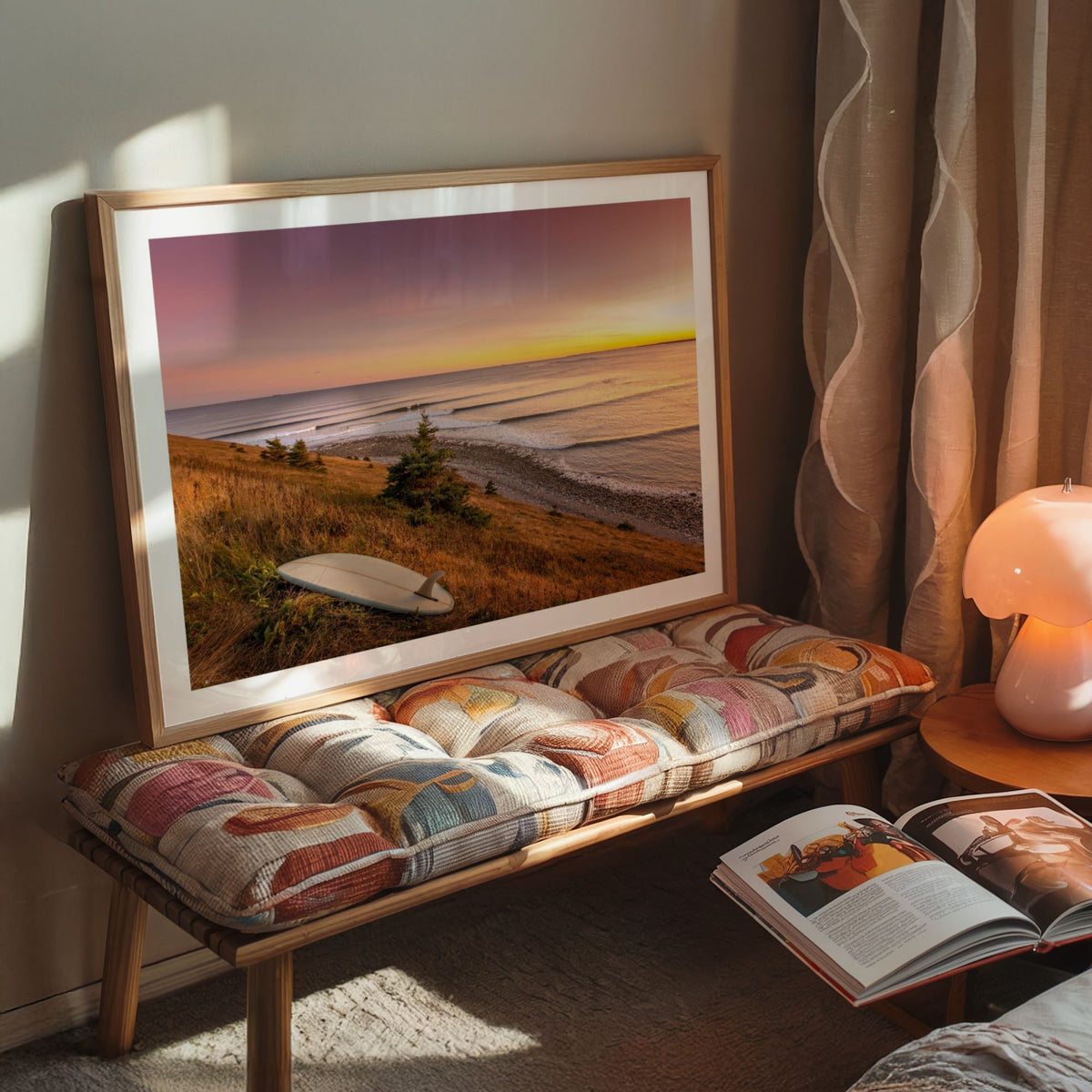 Rolling Lines surf photography print by Adam Cornick framed on a cushioned bench