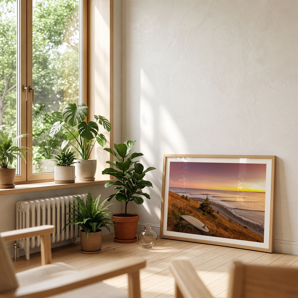 Rolling Lines surf photography print by Adam Cornick framed and leaning on the floor by a window