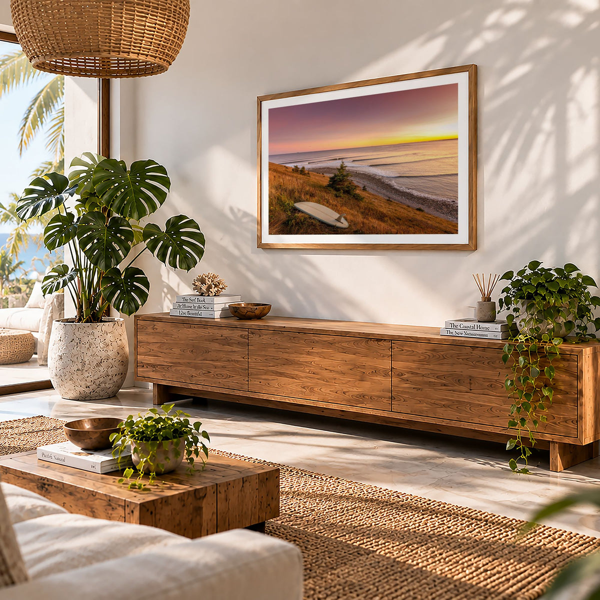 Rolling Lines sunrise surf photography print by Adam Cornick framed above a wooden sideboard in a living room