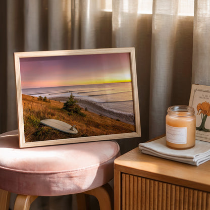 Rolling Lines surf photography print by Adam Cornick framed on a velvet stool